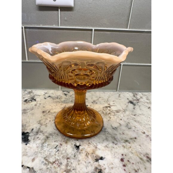 Vitg Fenton Amber Opalescent Glass Compote Candy Dish Cameo Eye & Scroll Design - Picture 12 of 12